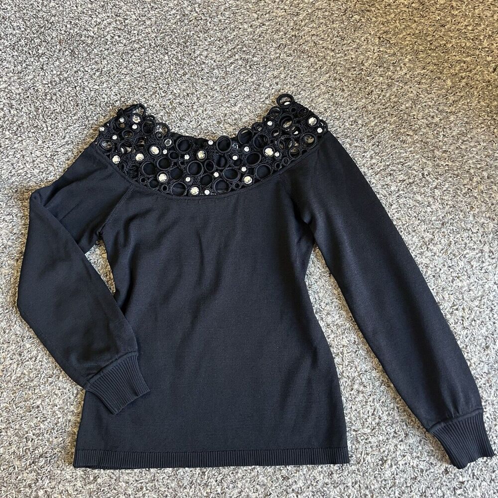 Boston Proper Y2K 90s Style Blouse Top Sweater longsleeve Bejeweled Neck S New